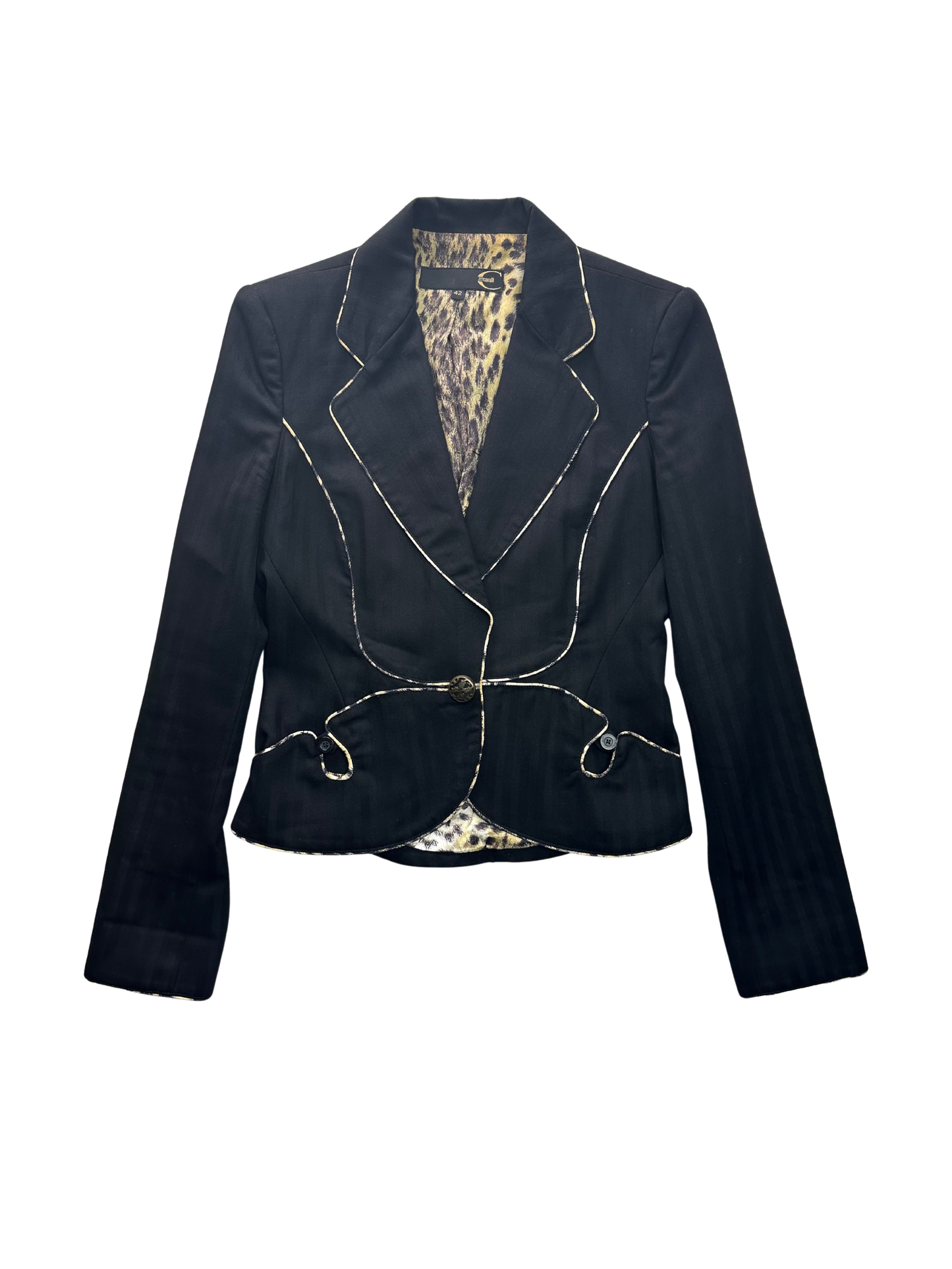 JUST CAVALLI - Blazer nero dettagli animalier e profili a contrasto