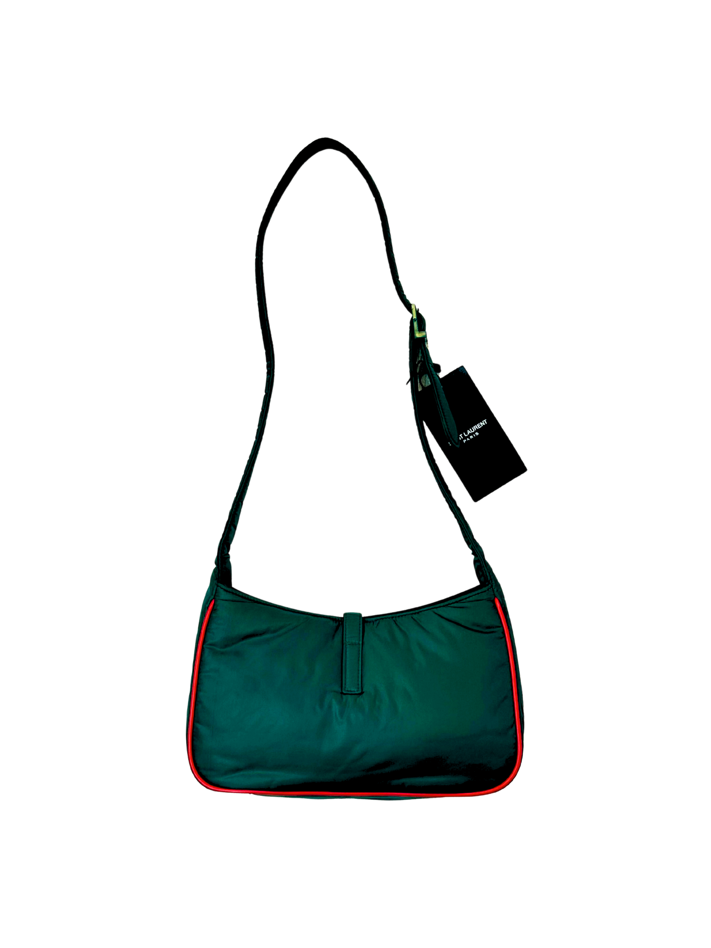 SAINT LAURENT PARIS - Borsa Shoulder in Nylon Verde Racing con profili rossi