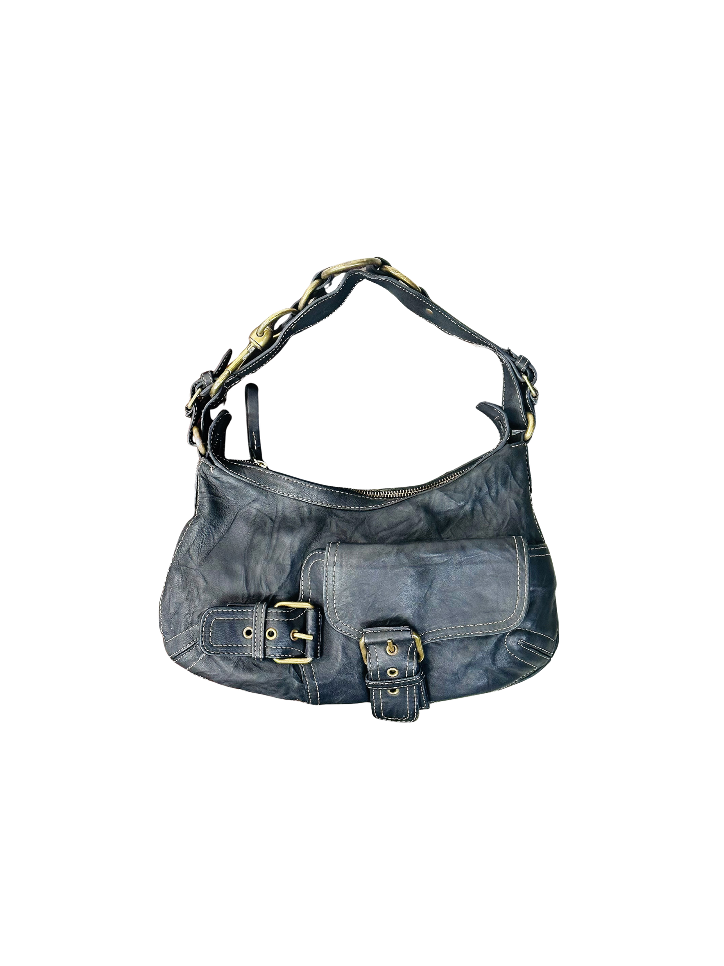 Borsa a Spalla in Pelle Marrone con Dettagli in Metallo