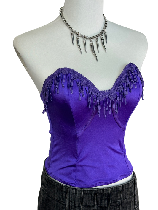 Top bustier vintage elasticizzato viola con ricami a goccia