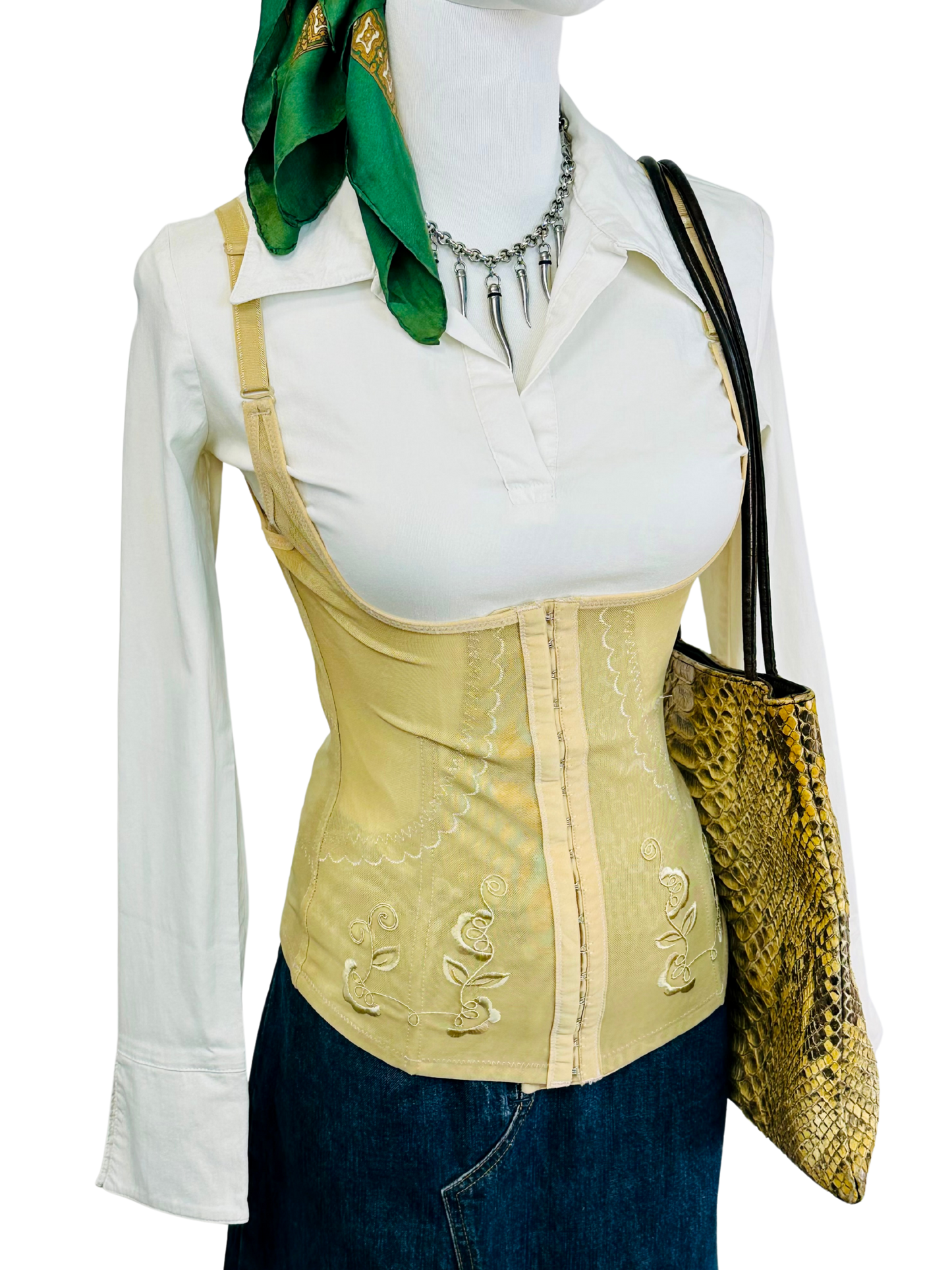 Corsetto steccato vintage in tulle ricamato – color champagne
