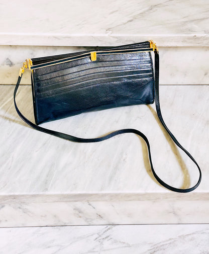 CLUTCH - Borsa Vintage Structured in Pelle Blu Notte con Chiusura Gioiello