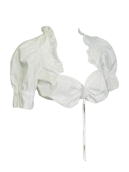 Crop Top Bianco con Maniche a Sbuffo e Coulisse