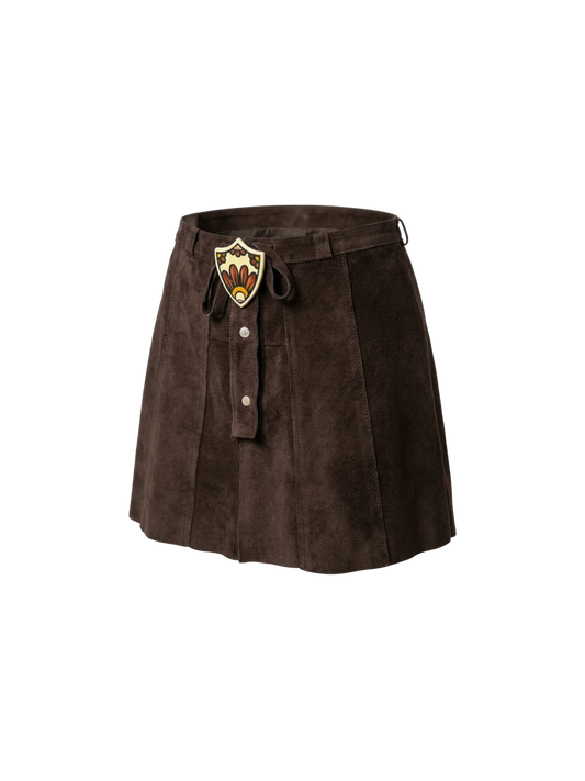 Gonna vintage in pelle scamosciata marrone con fibbia decorativa