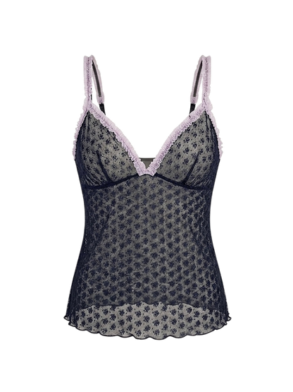 Top sheer con micro floral print & ruches rosa Y2K