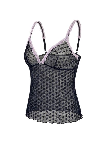 Top sheer con micro floral print & ruches rosa Y2K