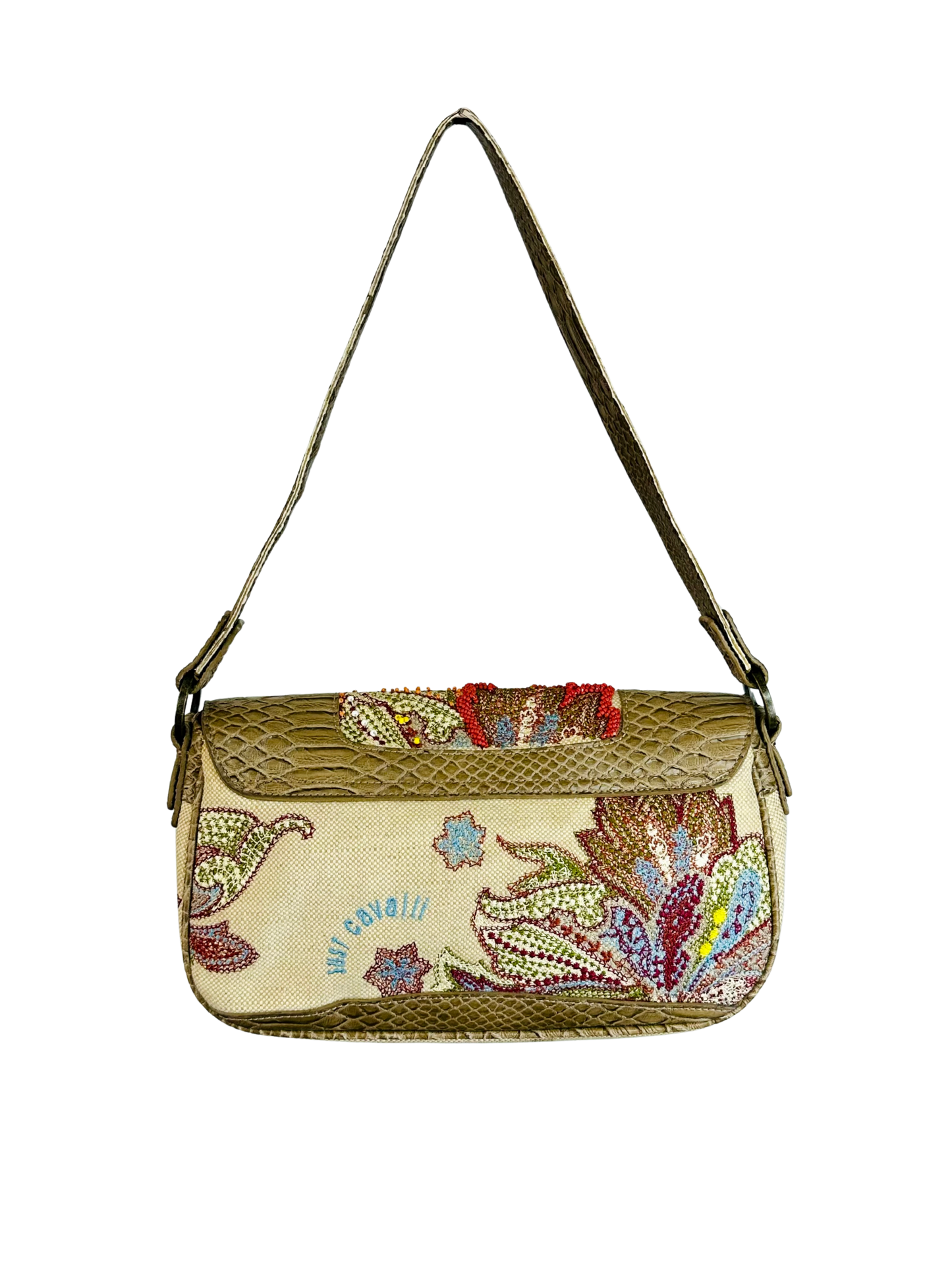 JUST CAVALLI - Borsa hobo-chic Y2K in tessuto ricamato e pelle effetto pitone