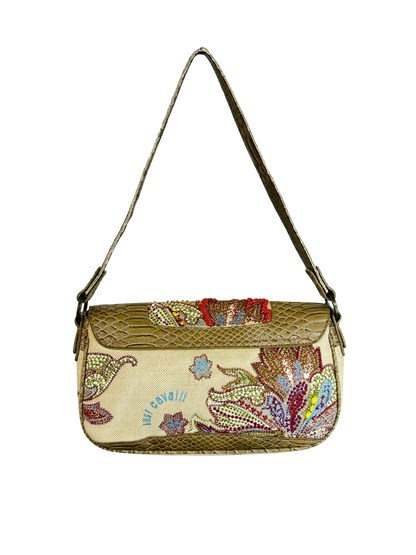 JUST CAVALLI - Borsa hobo-chic Y2K in tessuto ricamato e pelle effetto pitone