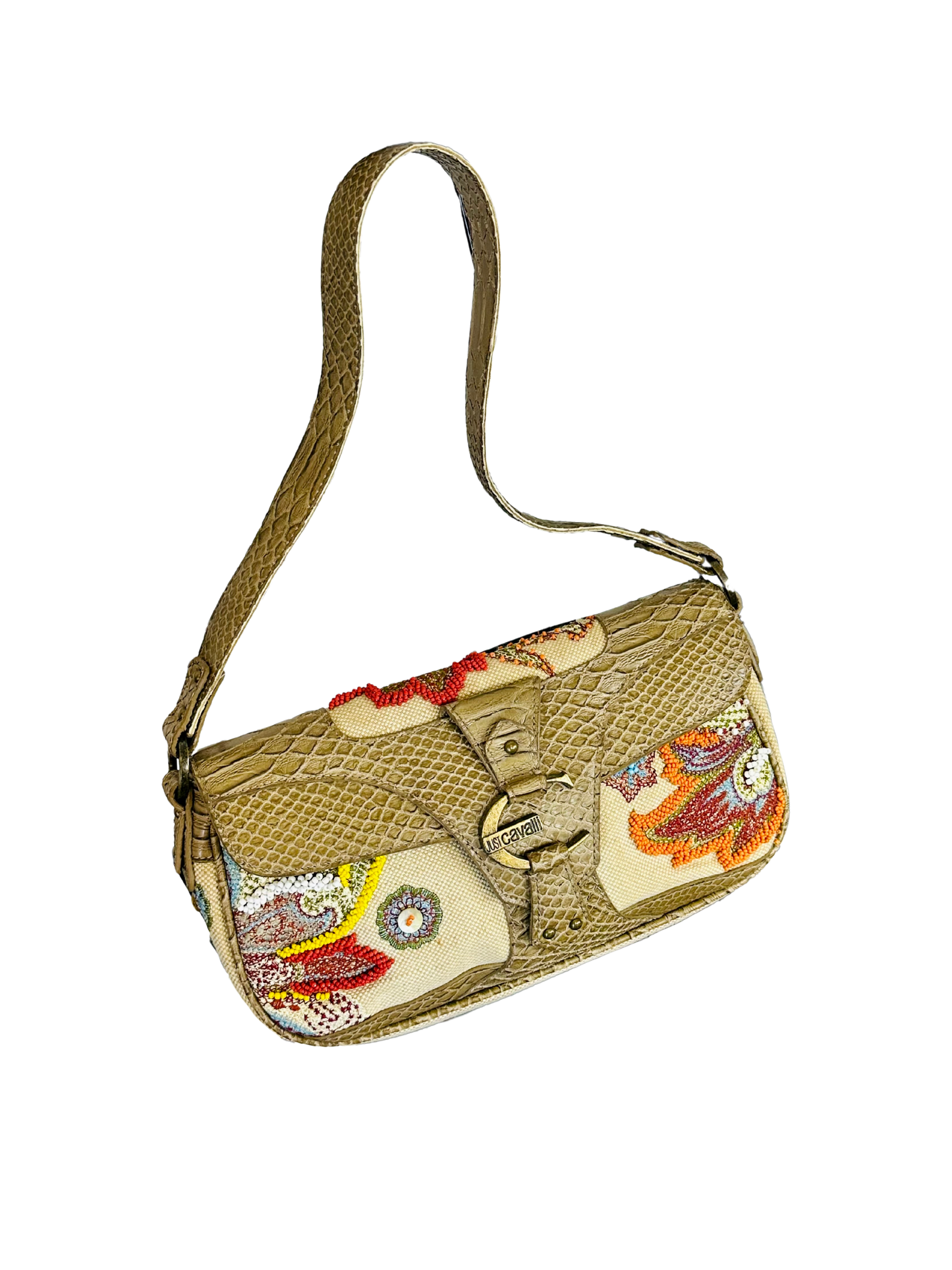 JUST CAVALLI - Borsa hobo-chic Y2K in tessuto ricamato e pelle effetto pitone