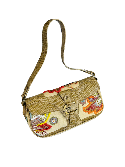 JUST CAVALLI - Borsa hobo-chic Y2K in tessuto ricamato e pelle effetto pitone
