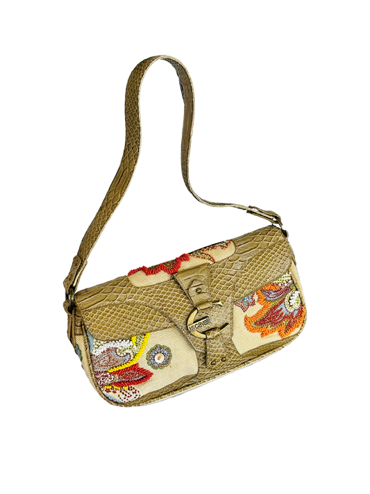 JUST CAVALLI - Borsa hobo-chic Y2K in tessuto ricamato e pelle effetto pitone